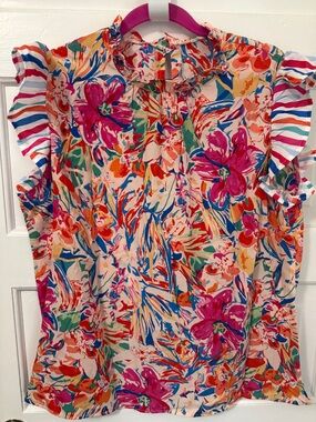 Floral Ruffle Sleeve Women's Top - Pink Multicolor size XL - fits like a Large